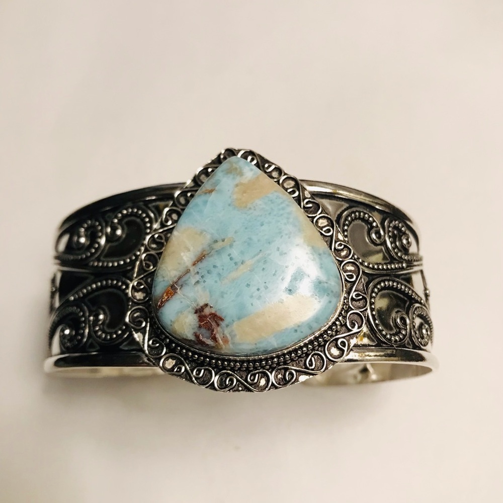 Larimar Stamped 925 Sterling Silver Cuff Bracelet - Picture 2 of 6